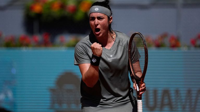 Ons Jabeur of Tunisia in action against Jelena Ostapenko of Latvia during the Mutua Madrid Open 2024, ATP Masters 1000 and WTA 1000, tournament celebrated at Caja Magica on April 29, 2024 in Madrid, Spain. AFP7 29/04/2024 (Europa Press via AP)