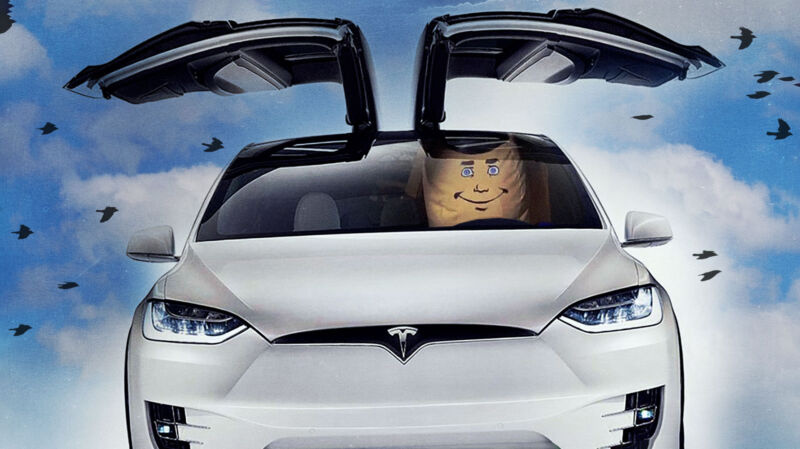 A Tesla Model X with Roger the inflatable autopilot (from the movie Airplane!) in the driver's seat