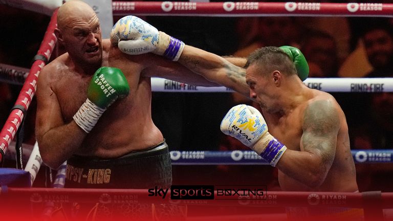 Britain's Tyson Fury, left, and Ukraine's Oleksandr Usyk trade blows during their undisputed heavyweight world championship boxing fight at the Kingdom Arena in Riyadh, Saudi Arabia, Sunday, May 19, 2024. (AP Photo/Francisco Seco)