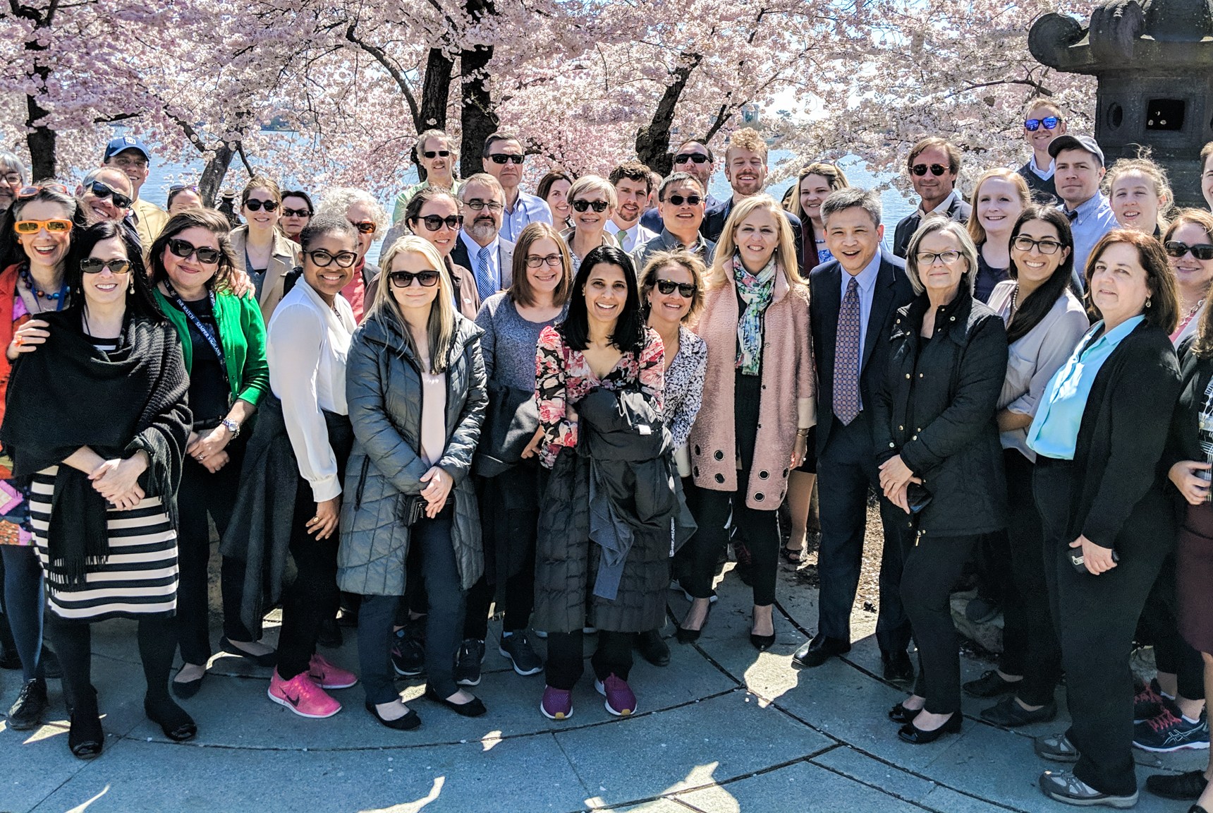 A group of State intelligence workers pose near cherry blossoms