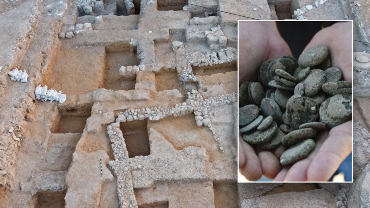 Split image of stone artifacts and excavation site