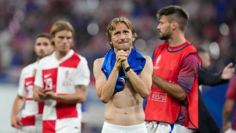 Croatia's Luka Modric reacts at the end of Group B match between Croatia and Italy at the Euro 2024 soccer tournament in Leipzig, Germany, Monday, June 24, 2024. (AP Photo/Sunday Alamba)