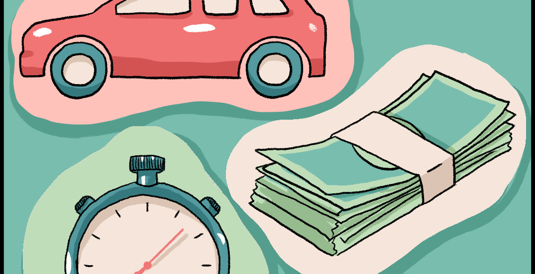 Illustrated panel showing a car, a stopwatch, and a stack of money. Text reads: This would be possible for us because we have access to a car, budget for unexpected expenses, and time off from our jobs. I know that fleeing the state for medical care isn’t an option that’s available to everyone.