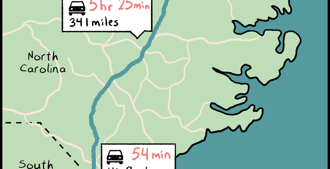 Illustrated panel showing the driving route from the reunion in South Carolina to the nearest hospital that will terminate pregnancies, in North Carolina, a 40.9-mile drive that takes 54 minutes. It also shows the route to a hospital in Virginia, 341 miles and 5 hours and 25 minutes away. Text reads: It was in North Carolina. This is already a daunting drive in a crisis, but if the reunion were a couple weeks later, we’d have to travel much farther, to Virginia.