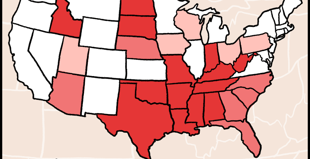 Illustrated panel showing a map of the US, with states color-coded by level of abortion restriction. Text reads: I located a hospital in the closest state that could offer me a full range of health care options, including termination of my pregnancy. Source: Planned Parenthood