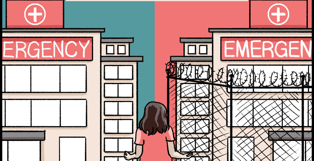 Illustrated panel showing a woman in front of a normal emergency room on the left and one behind barbed wire on the right. Text reads: As a pregnant woman in a country with no federal protection for abortion, it’s terrifying to know that the emergency medical care I might receive depends on where I am when something goes wrong.