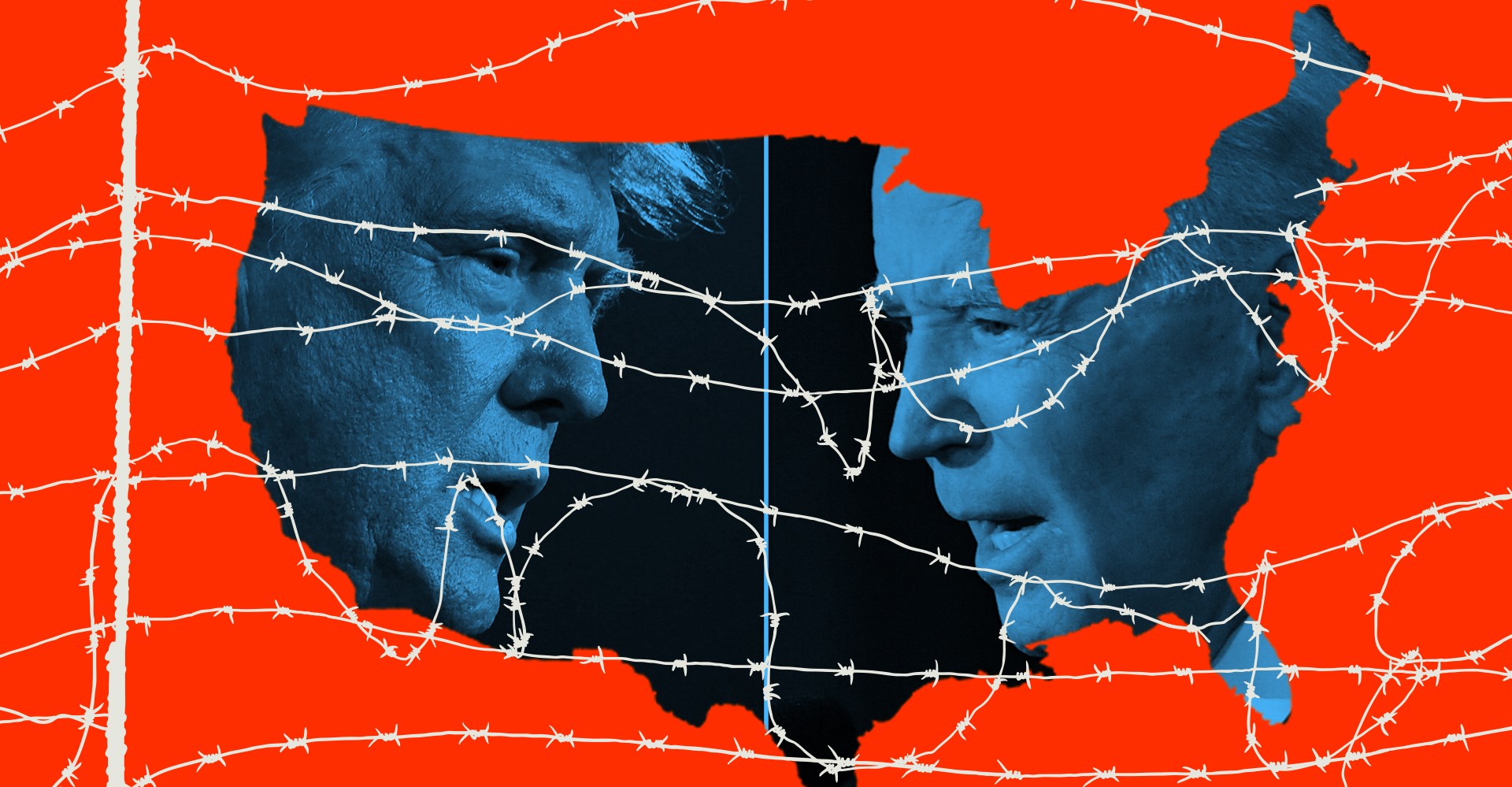An image of Trump and Biden is in the shape of the United States on a bright red background. A tangle of barbed wire sits on top.