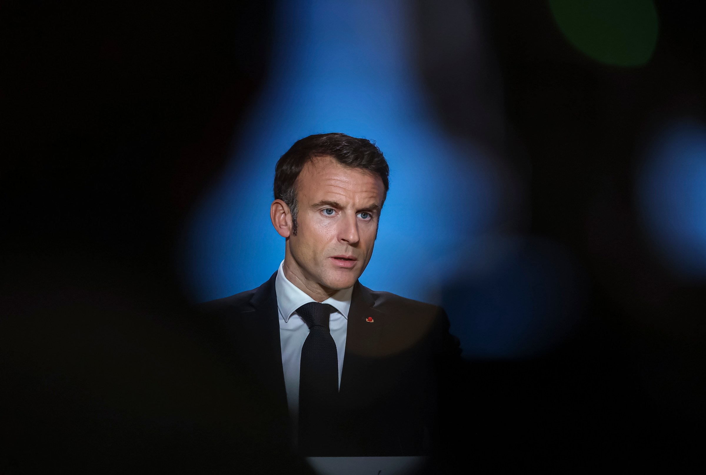 French President Emmanuel Macron at a press conference after the end of the two-day European Council and Euro Summit in Brussels, Belgium, on October 27, 2023.