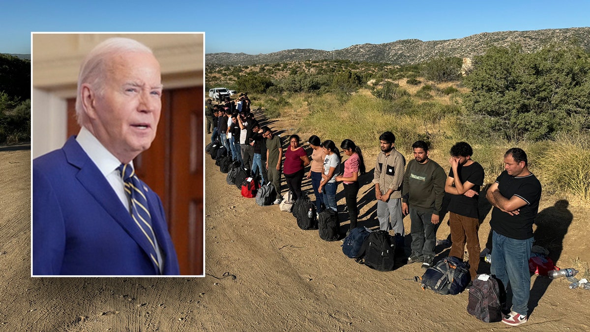 inset: President Biden; main image: migrants on desert road