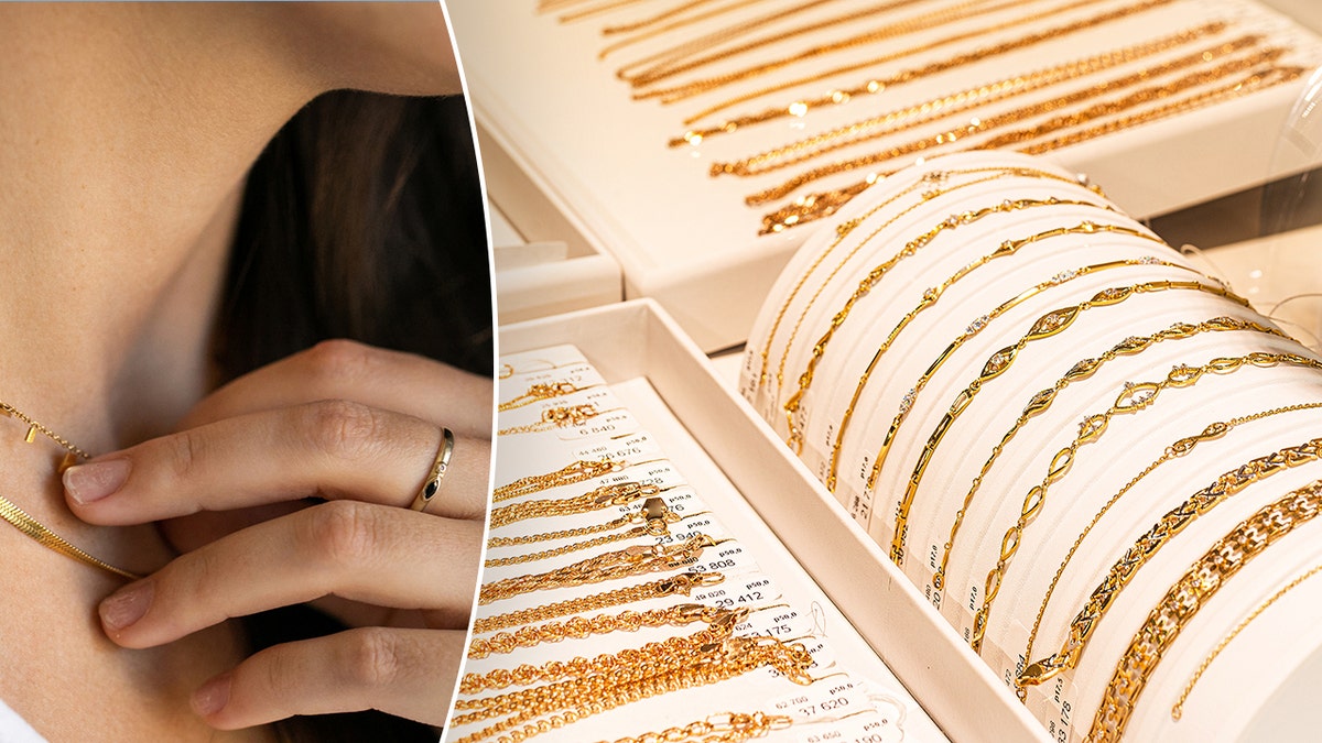 A woman wearing gold jewelry next to a photo of a jewelry story