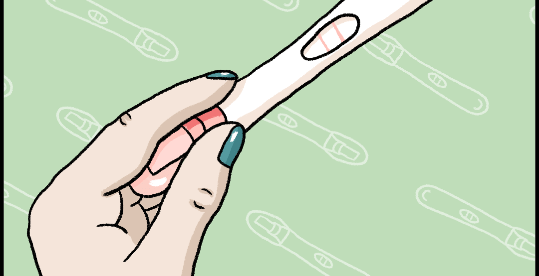 Illustrated panel showing a hand holding a positive pregnancy test. Text reads: Several months ago, my partner and I bought plane tickets for a family reunion in South Carolina. Then we found out I was pregnant