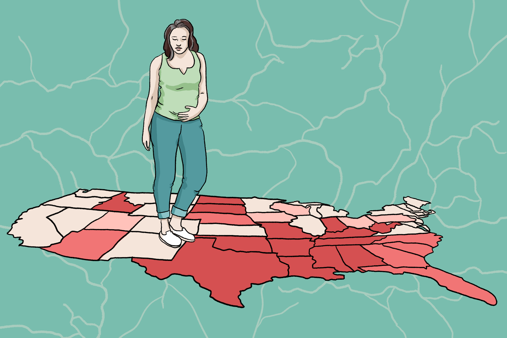 A pregnant woman stands on a map of the US depicting where there are abortion bans