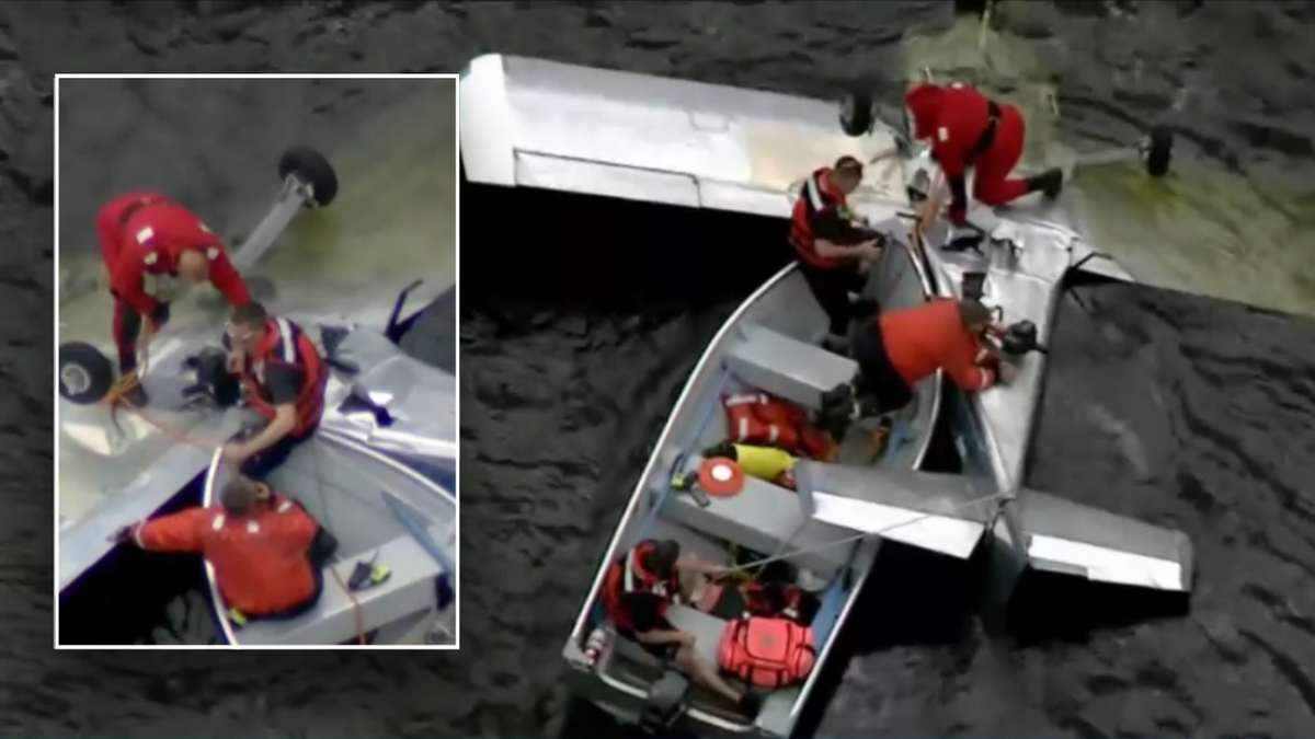 Split image of rescue efforts near upside down plane