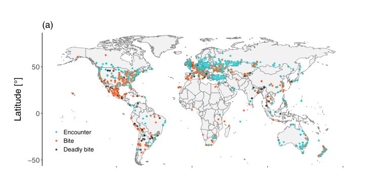 Geographic coverage of humanspider encounters in the analyzed database  published in Nature. In blue encounters with...