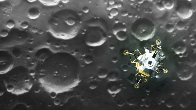 Illustration of the Apollo lunar lander Eagle over the Moon.