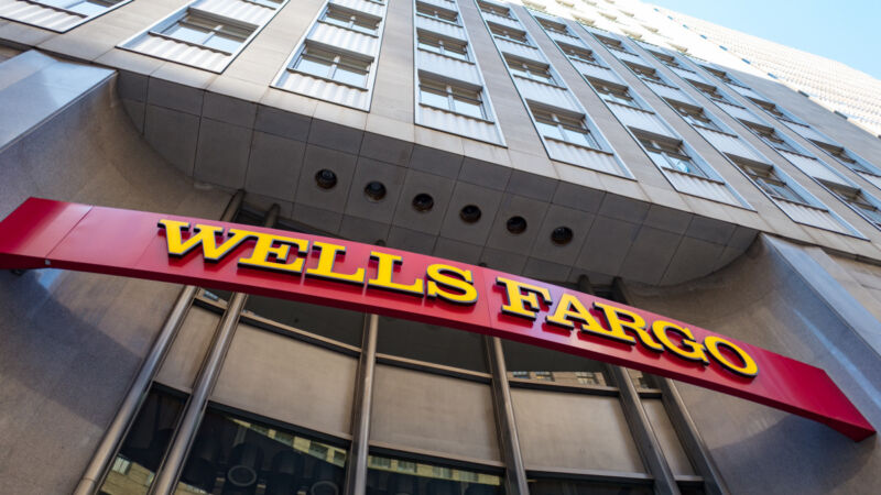 Signage with logo at headquarters of Wells Fargo Capital Finance, the commercial banking division of Wells Fargo Bank, in the Financial District neighborhood of San Francisco, California, September 26, 2016.