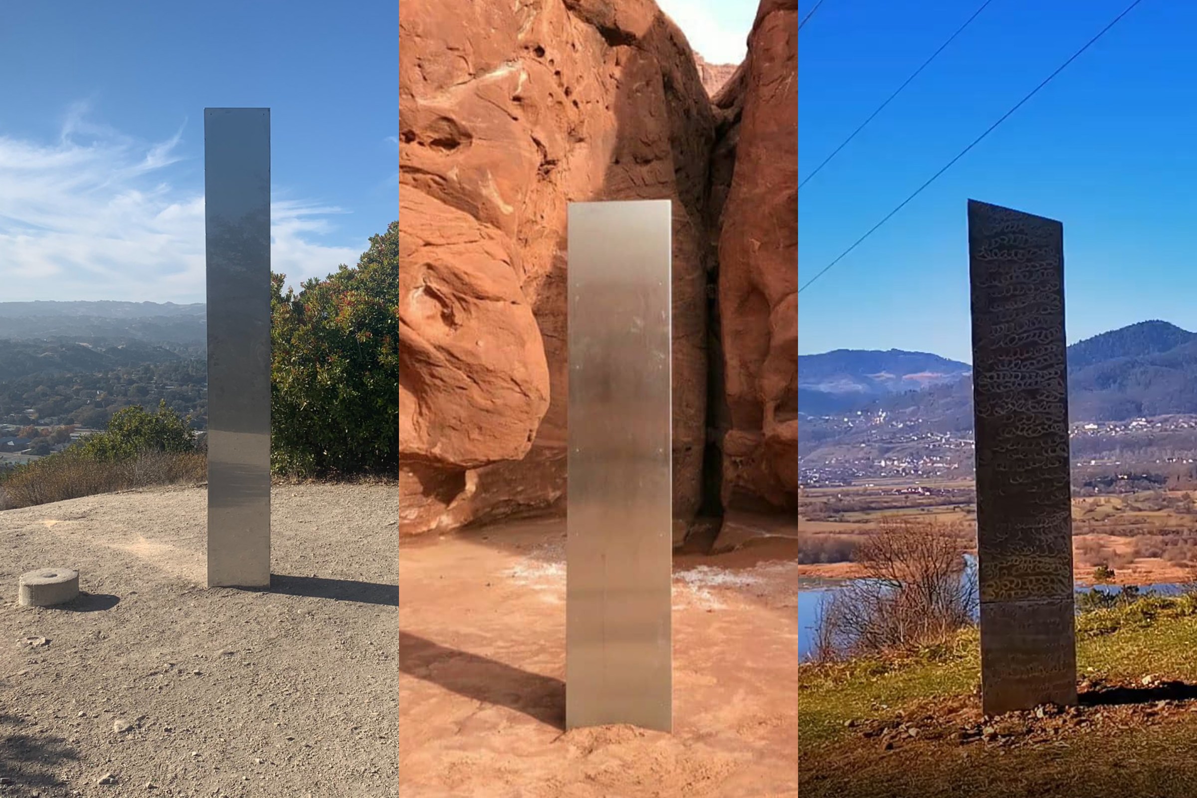 Reflective rectangular metal structures rising vertically from natural surroundings.