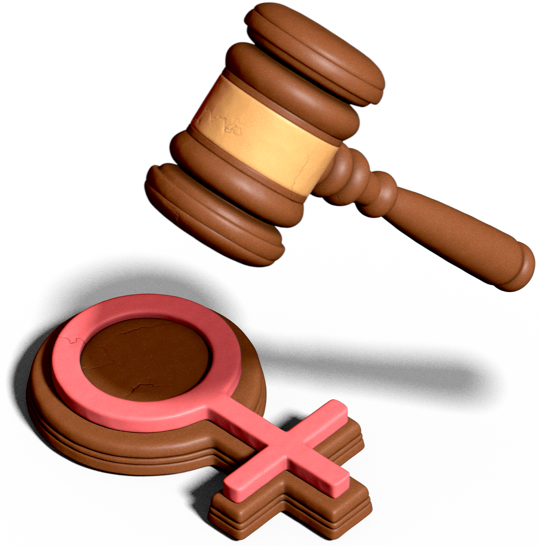 A gavel hovers above its stand, which is shaped like a female sign.