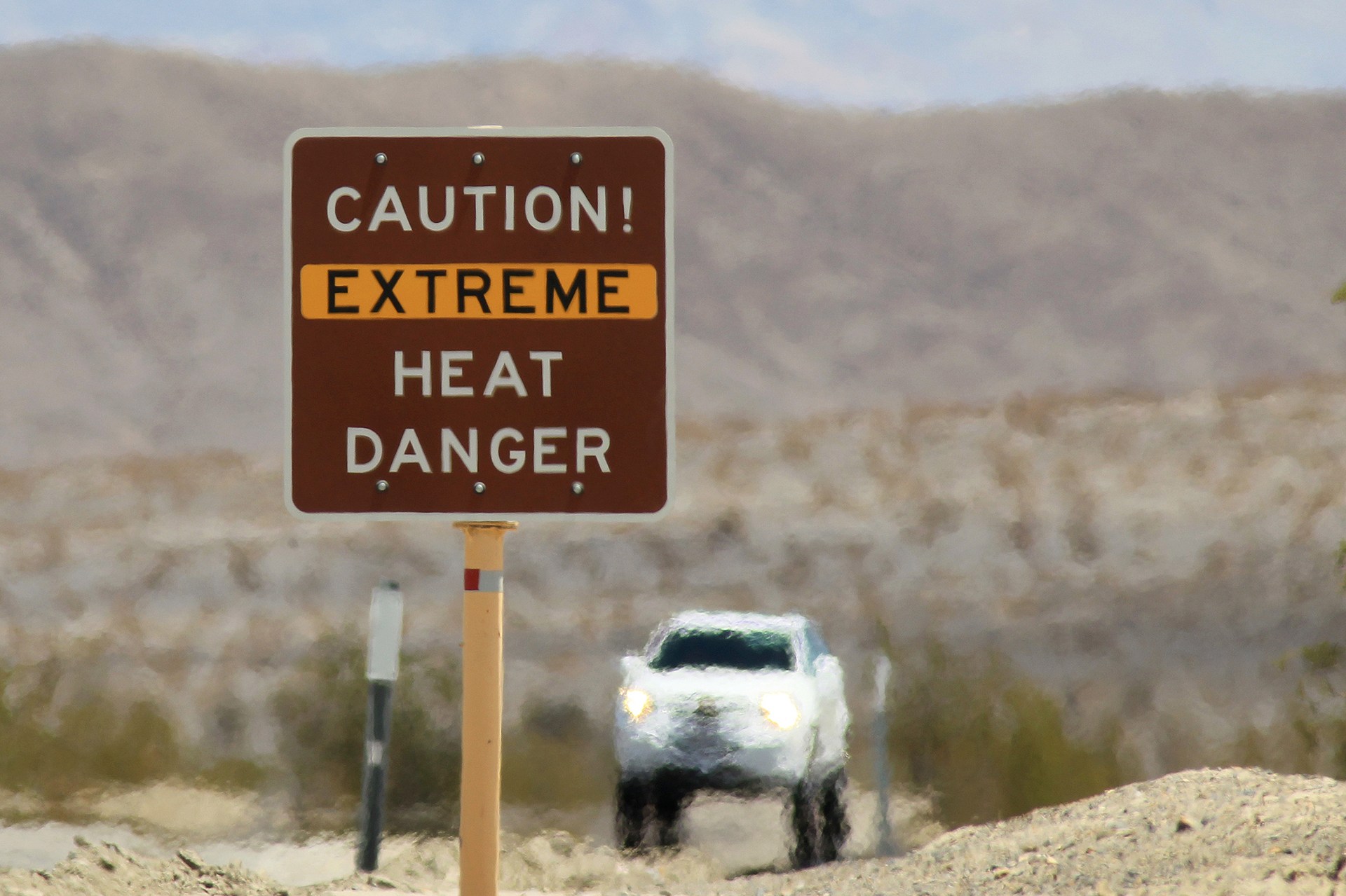 A sign warning of extreme heat in Death Valley National Park. 