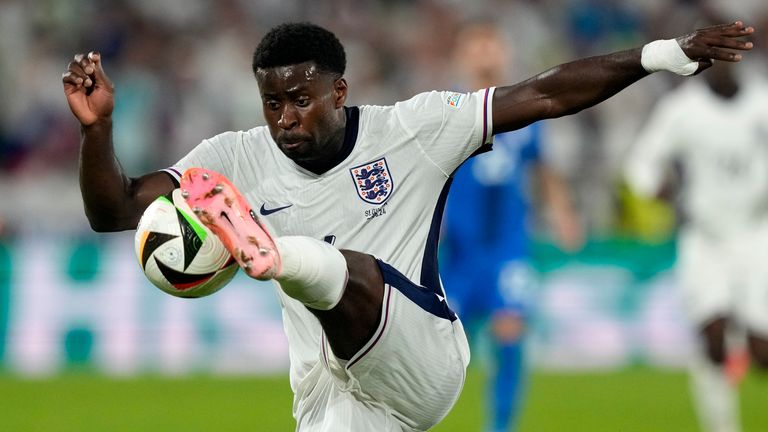 England's Marc Guehi controls the ball during a Group C match against Slovenia at the Euro 2024 soccer tournament in Cologne, Germany, Tuesday, June 25, 2024. (AP Photo/Martin Meissner)