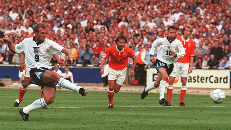 Alan Shearer scores a penalty for England in their 4-1 victory over Netherlands at Euro 96. 