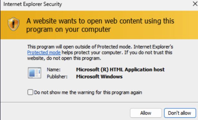 Screenshot of IE Security box asking if user wants to 