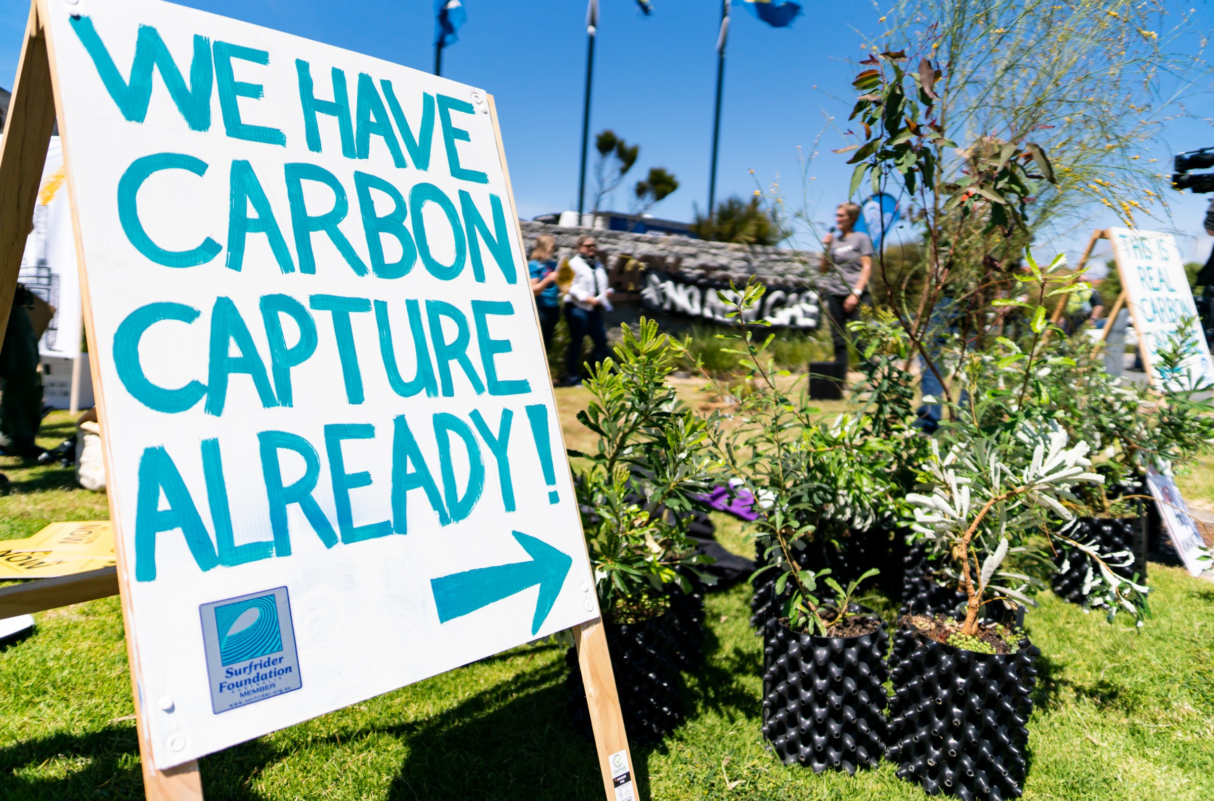 A sign at a protest reads “We have carbon capture already!” and points to plants as carbon sinks.