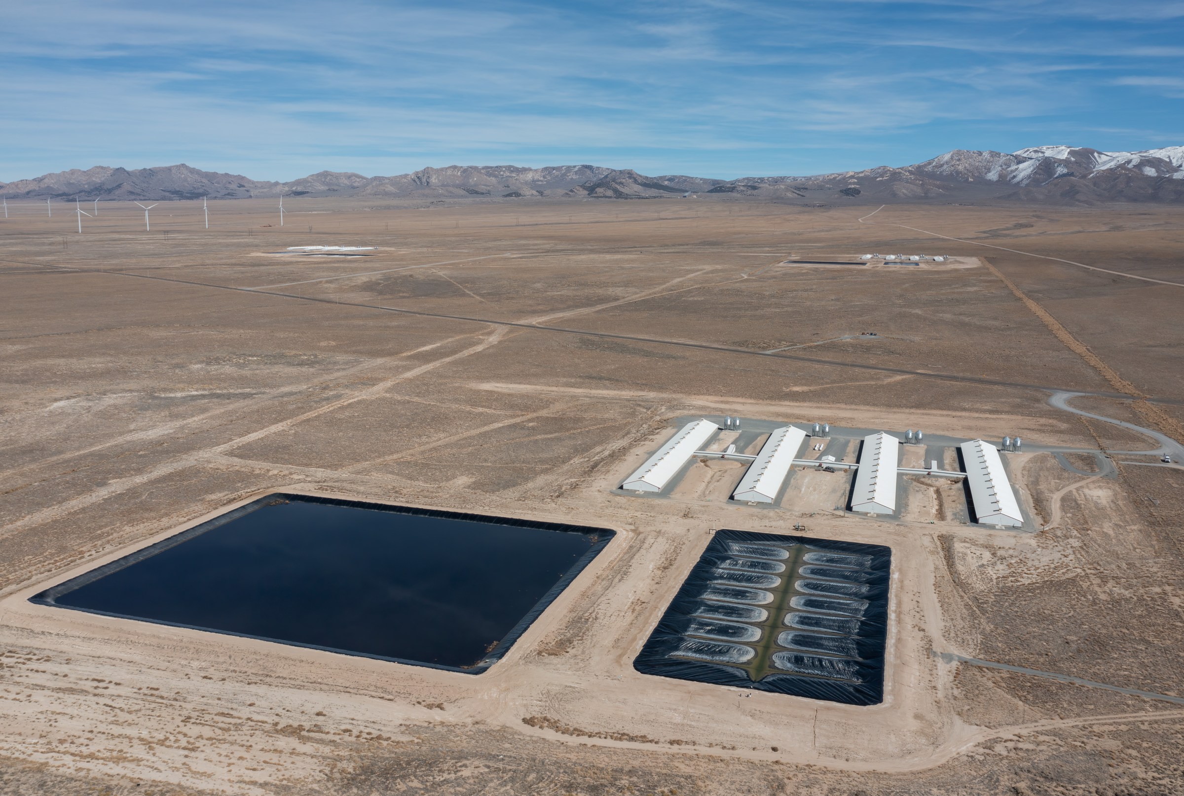 Aerial view of hog barns and a large lagoon of hog waste in the desert.