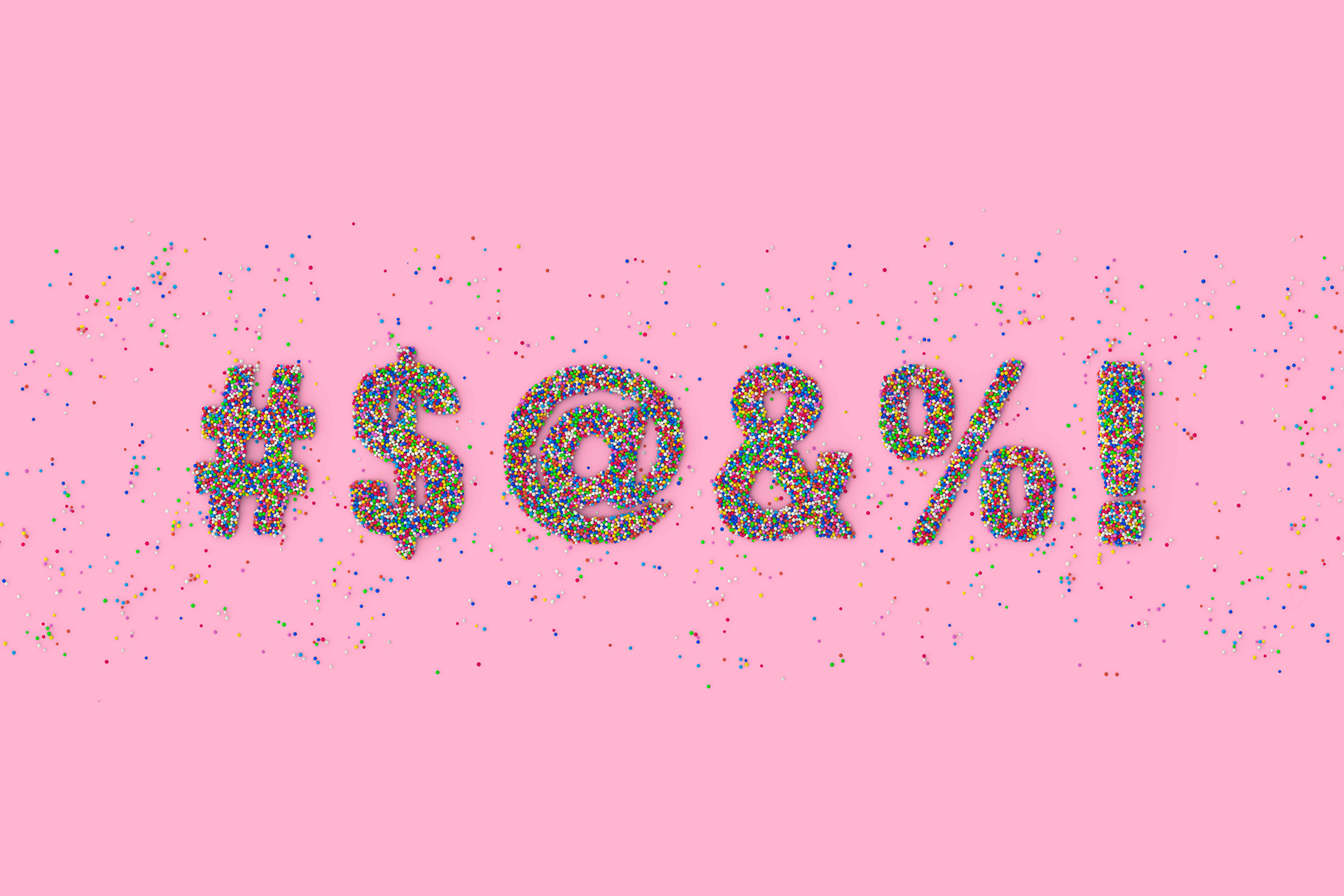 Glittery gold symbols like a dollar, percent, ampersand and exclamation mark symbolize swear words, on a pink background.