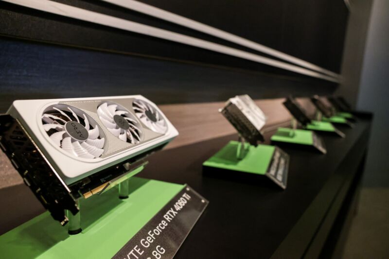 GeForce RTX 4060 cards on display in a case