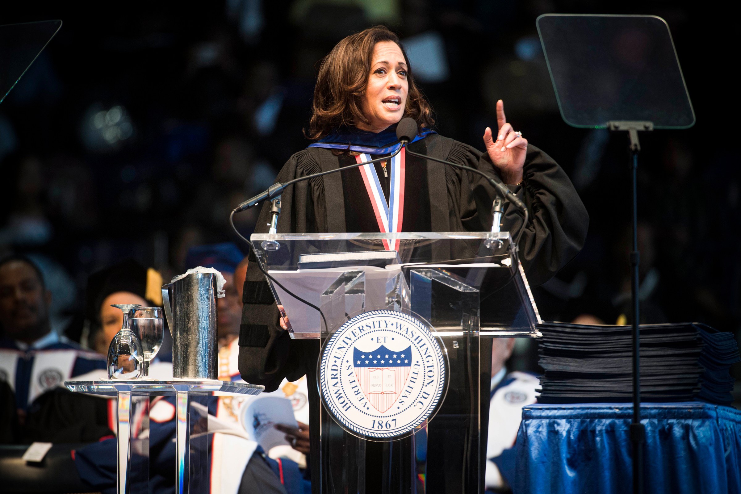 Sen. Kamala Harris speaks at Howard University’s commencement ceremony in Washington, DC, on May 13, 2017.