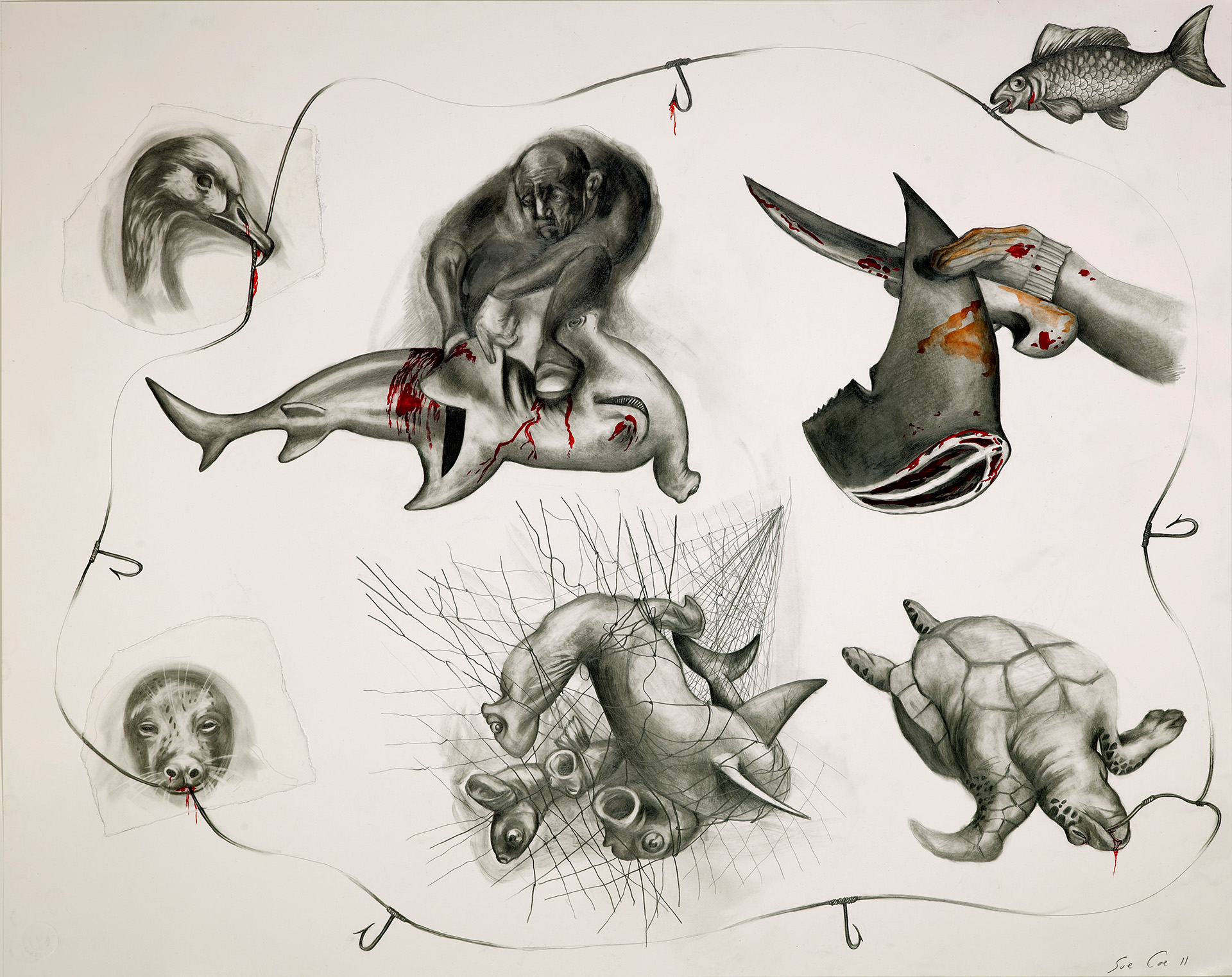 Black-and-white drawing of various aquatic animals - fish, a duck, a sea lion, a turtle, a detached shark fin - injured by the fishing industry’s hooks, with red spots of blood.