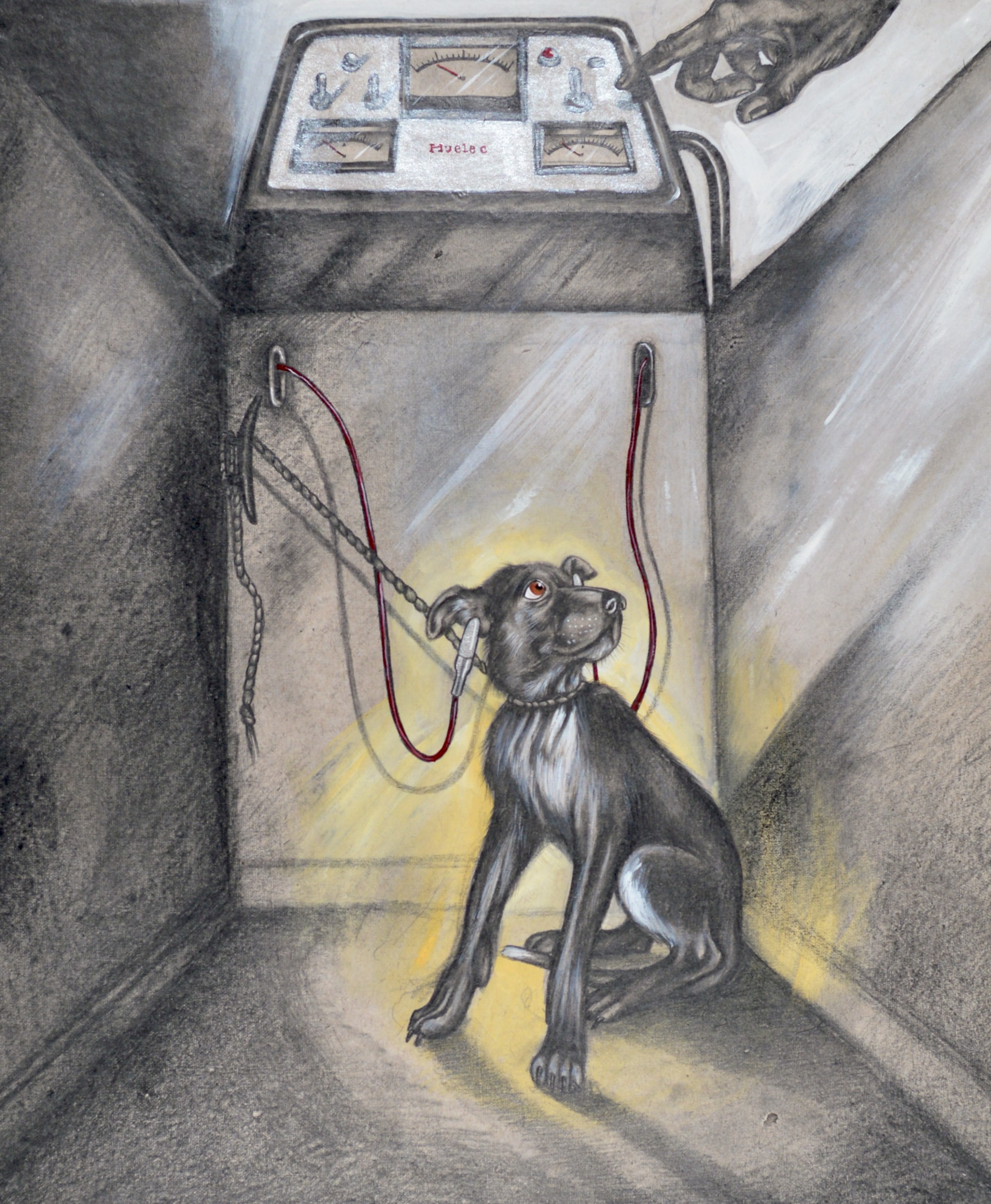 Drawing of a scared-looking dog in a metal cage hooked up to a machine and looking up at a human hand controlling the dials