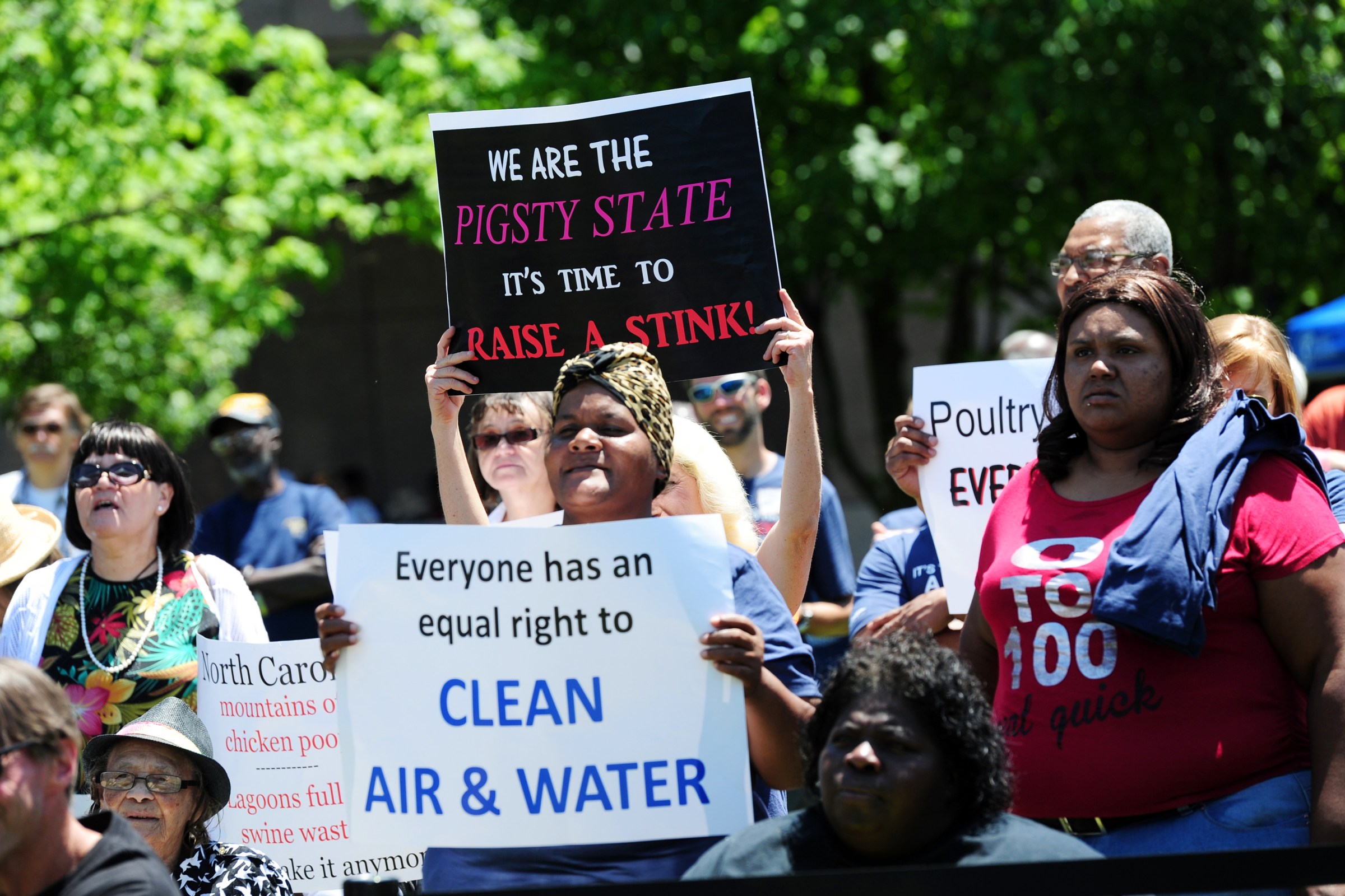 Protesters rally against hog and poultry farm pollution at the North Carolina statehouse in 2015.