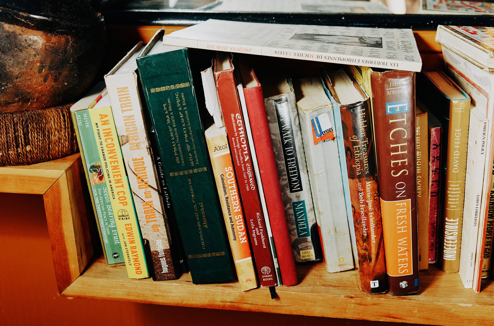 A photo of various books on a restaurant book shelf