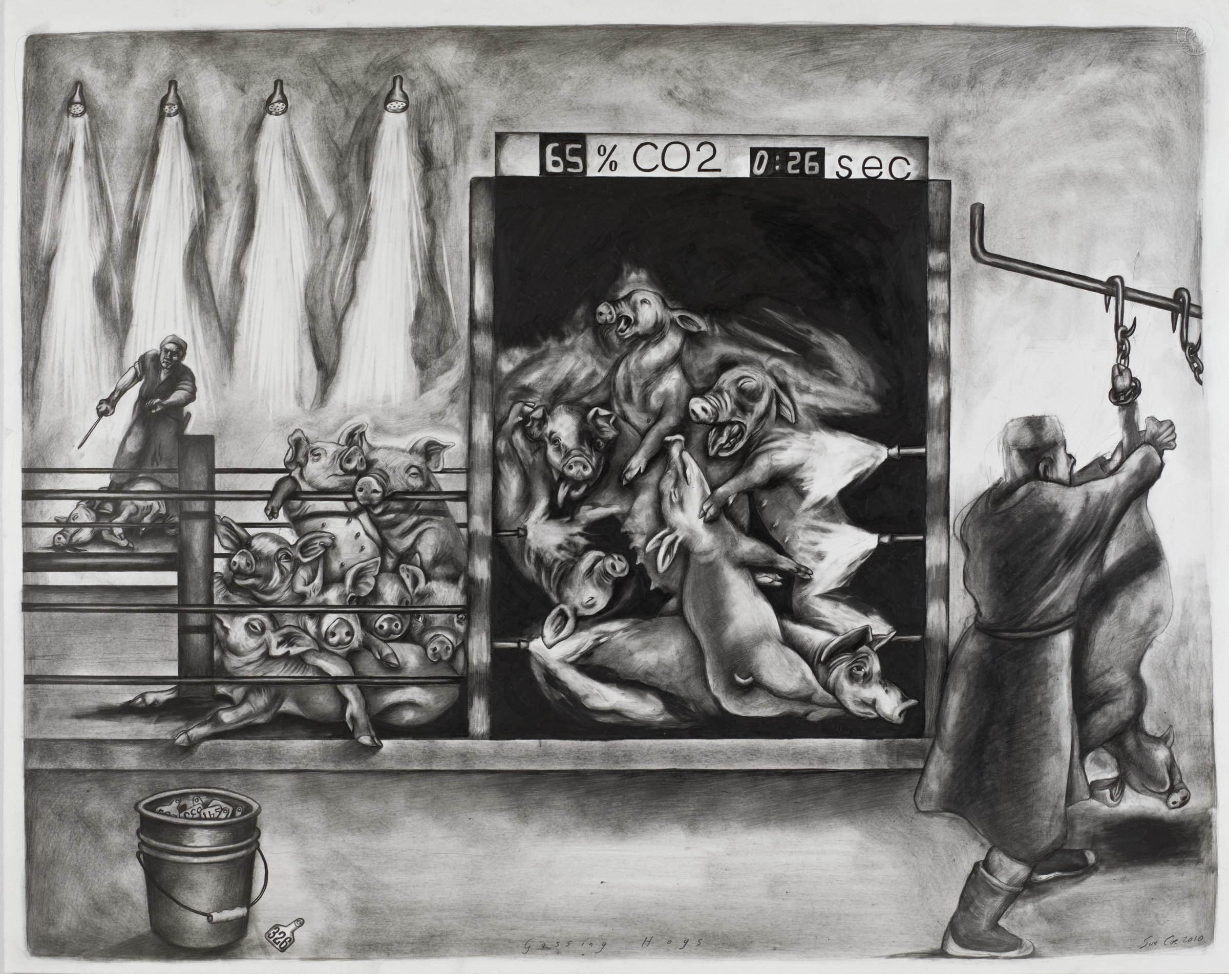 black-and-white drawing of anguished-looking pigs being gassed before slaughter in a gas chamber. Two slaughterhouse workers in the scene slaughter and hang pigs that have already been gassed