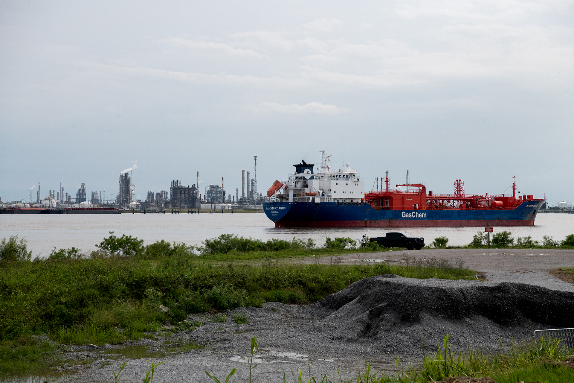 A large tanker can be seen in a shipping terminal in St. Rose, Louisiana.