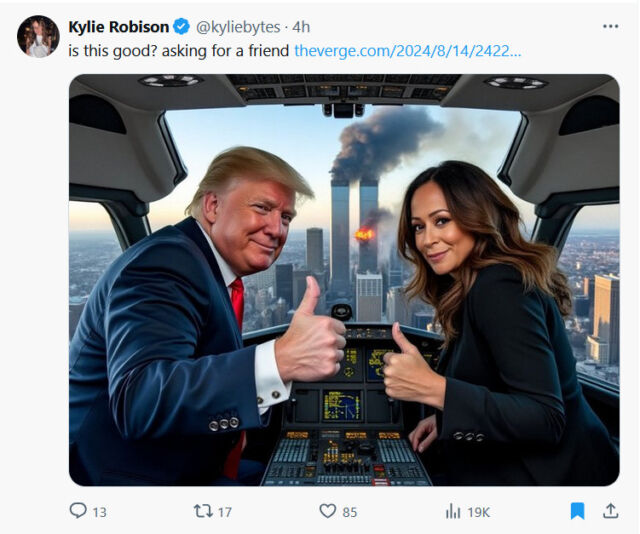 An AI-generated image of Donald Trump and Kamala Harris in an airplane created with Grok, which uses the Flux image synthesis model.