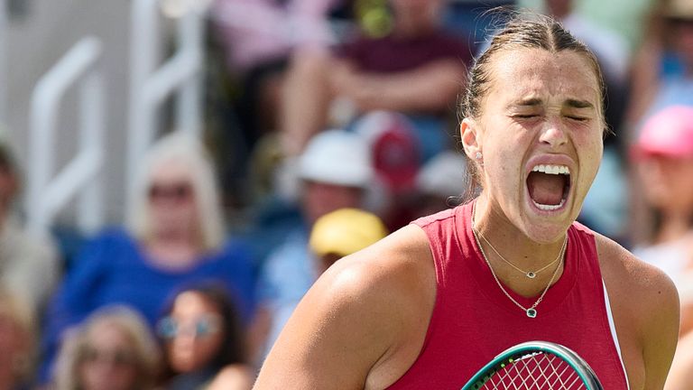 CINCINNATI, OH - AUGUST 19: Aryna Sabalenka of Belarus celebrates winning a point against Jessica Pegula of USA during the championship round of the Cincinnati Open at the Lindner Family Tennis Center on August 19, 2024 in Mason, OH. (Photo by Shelley Lipton/Icon Sportswire) (Icon Sportswire via AP Images)