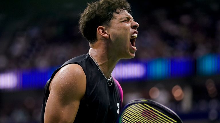 Ben Shelton, of the United States, reacts during a match against Frances Tiafoe, of the United States, during the quarterfinals of the U.S. Open tennis championships, Tuesday, Sept. 5, 2023, in New York. (AP Photo/Eduardo Munoz Alvarez)