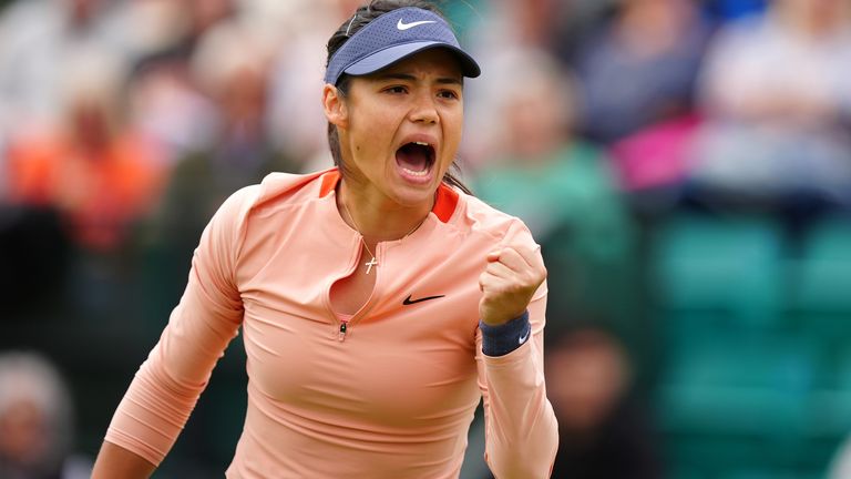 Emma Raducanu celebrates winning the first set against Daria Snigur on day four of the Rothesay Open at the Lexus Nottingham Tennis Centre, Nottingham. Picture date: Thursday June 13, 2024.