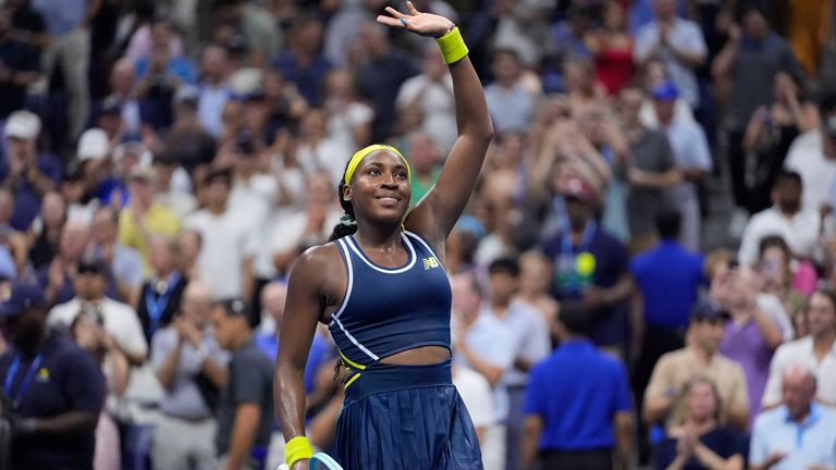 Coco Gauff, of the United States, waves wo the fans following a second round match against Tatjana Maria, of Germany, of the U.S. Open tennis championships, Wednesday, Aug. 28, 2024, in New York. (AP Photo/Frank Franklin II)