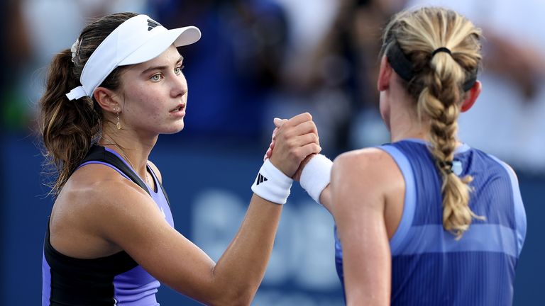 Iva Jovic of the United States shakes hands with Ekaterina Alexandrova of Russia after her loss during their Women's Singles Second Round match on Day Three of the 2024 US Open at USTA Billie Jean King National Tennis Center on August 28, 2024 in the Flushing neighborhood of the Queens borough of New York City. (Photo by Mike Stobe/Getty Images)