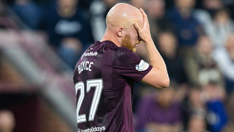 Hearts' Liam Boyce looks dejected as he is substituted