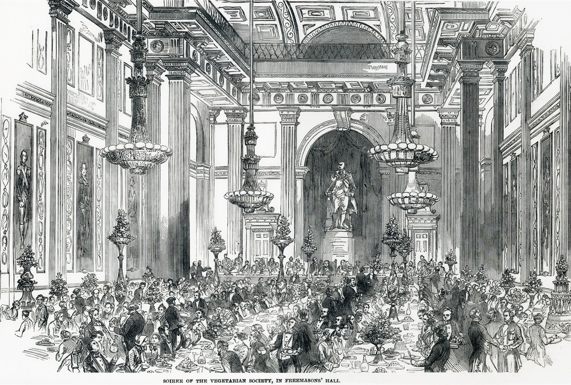 A large dinner held in London’s Freemason’s Hall for the Vegetarian Society, in the middle of the 19th century.