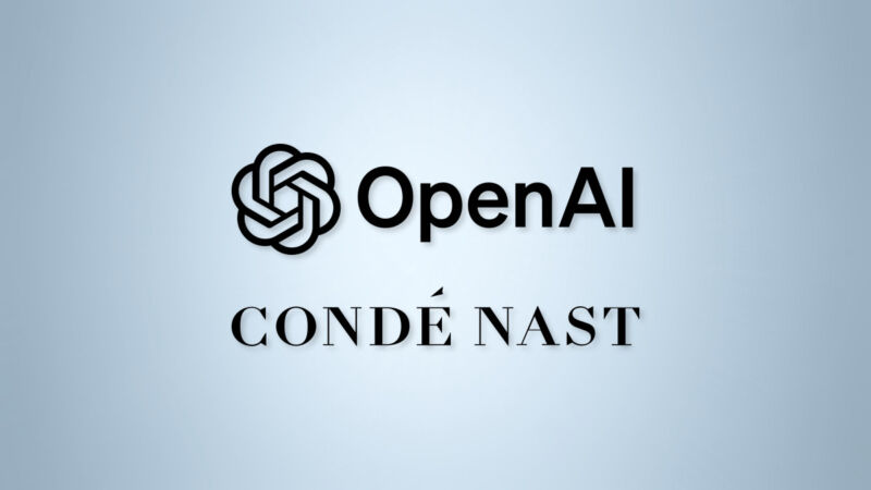 The OpenAI and Conde Nast logos on a gradient background.