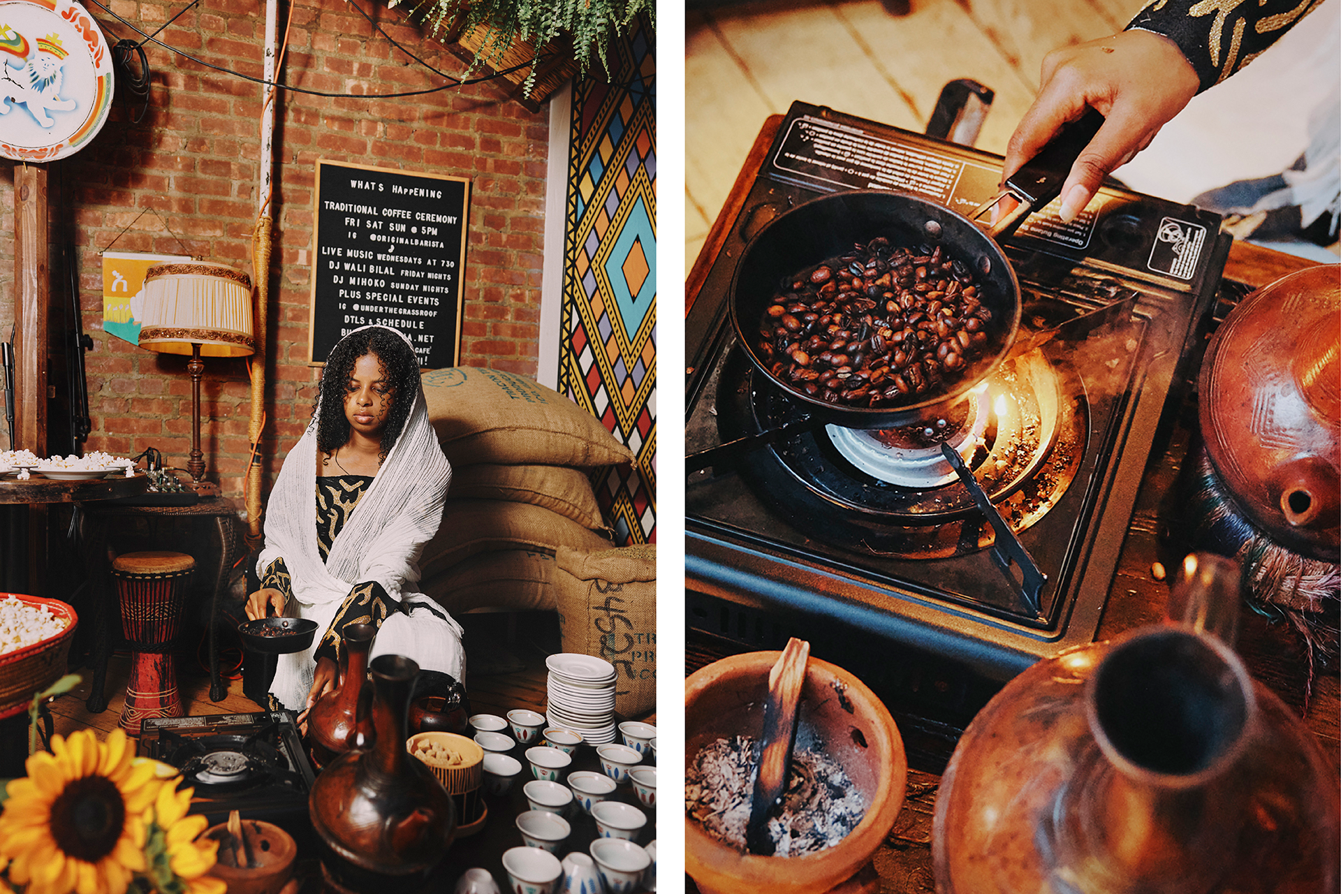 photos showing a woman in a draped head covering and dress lining up coffee vessels and roasting coffee beans