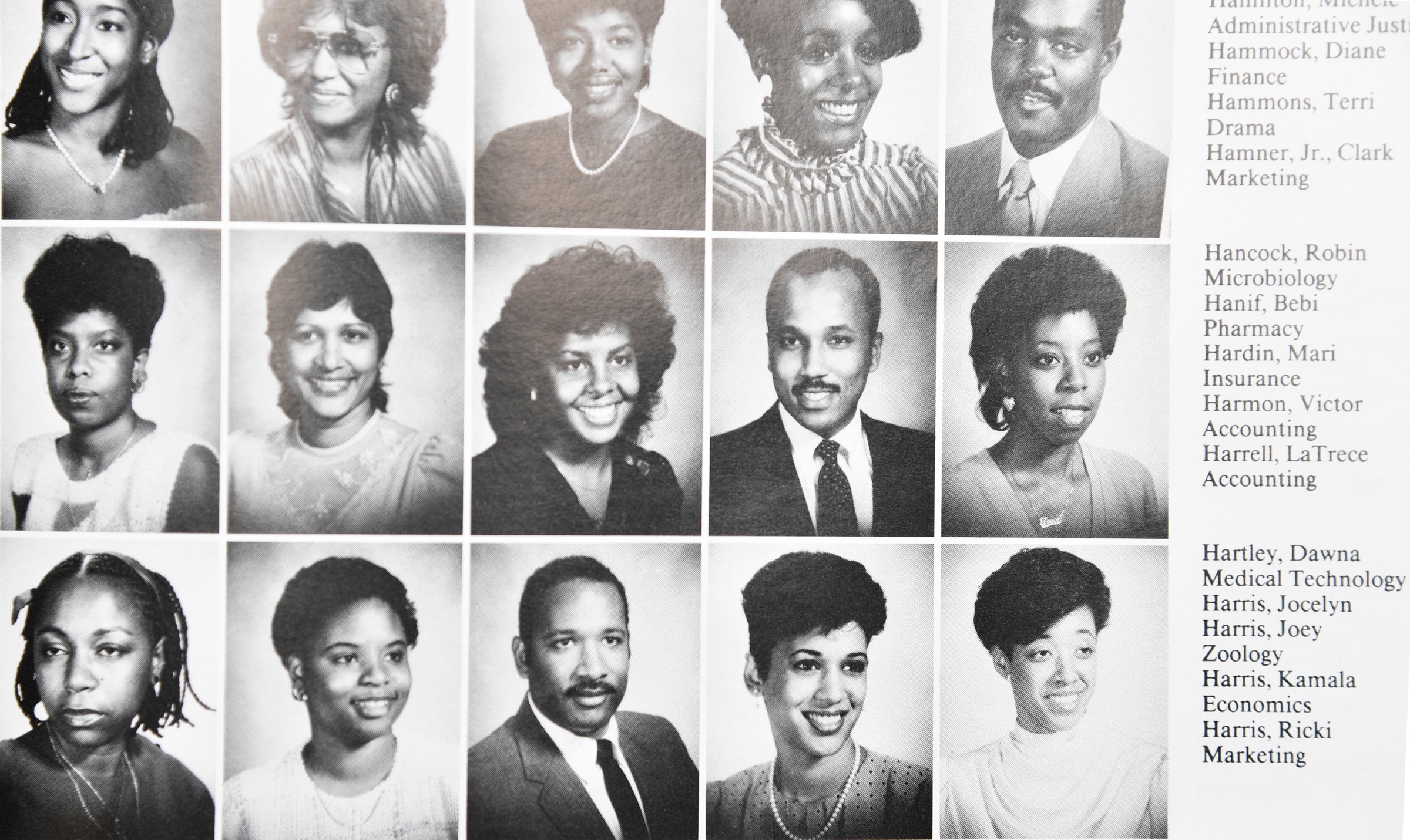 A Howard University yearbook page that includes a picture of Kamala Harris.