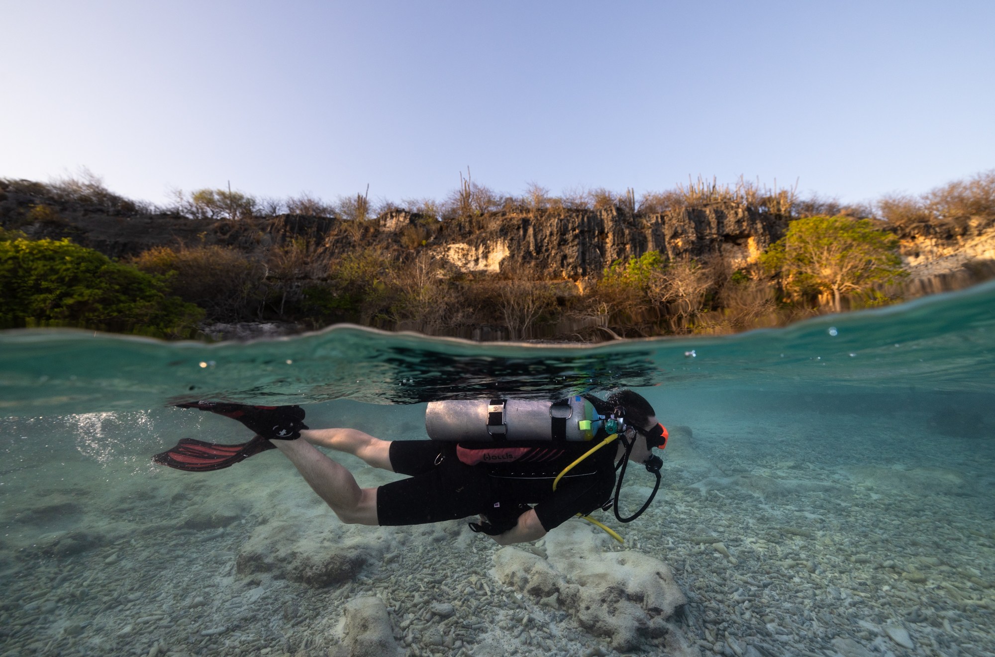 An underwater shot of a man in diving gear, with the ocean surface and land both visible.