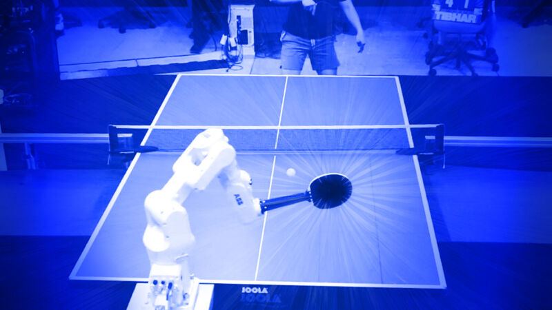 A blue illustration of a robotic arm playing table tennis.